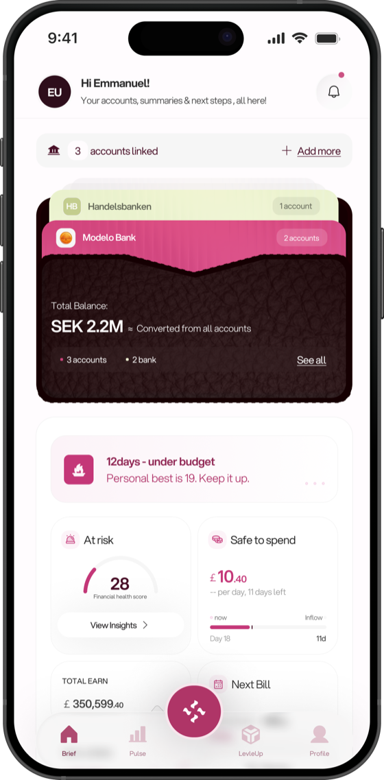 The Aspayr app home screen: linked accounts, total balance, daily brief and Financial Health Score